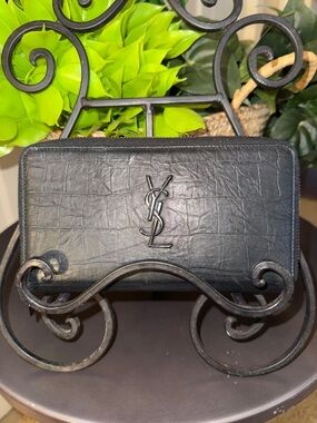 YSL Saint Laurent Black Croc-Embossed Zip Around Wallet with Black YSL Logo